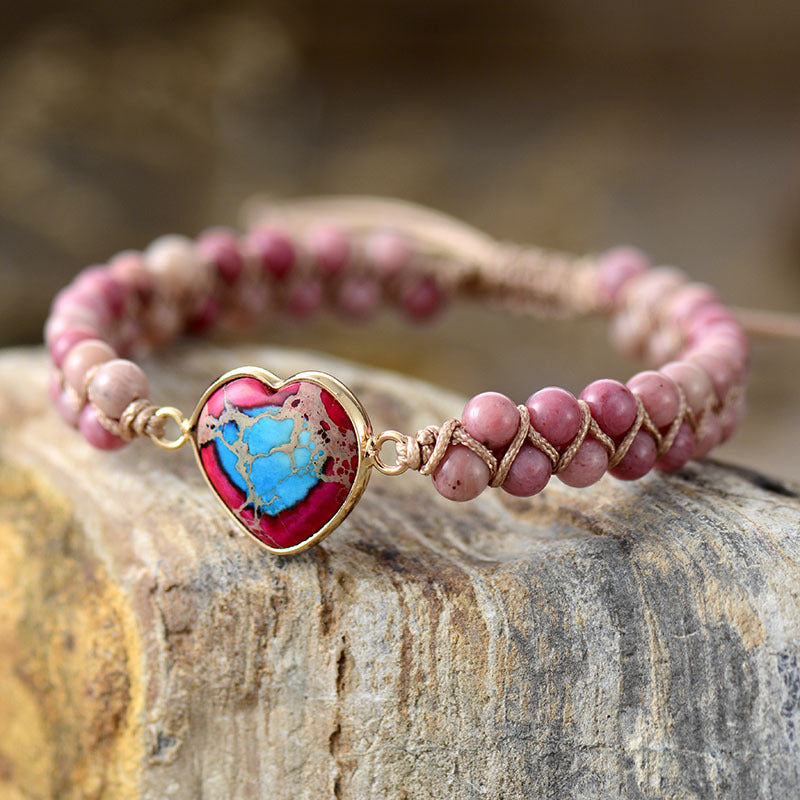 Wholesale Valentine's Day Emperor Stone Heart Double Layer Hand Woven Adjustable Bracelet